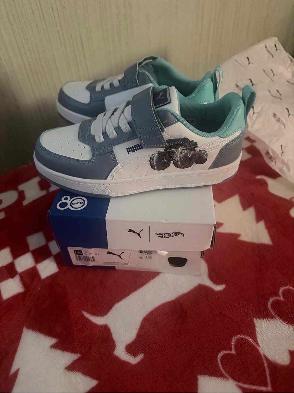 Puma Kids White and Light Blue Low-Top Sneakers with Monster Truck Detail